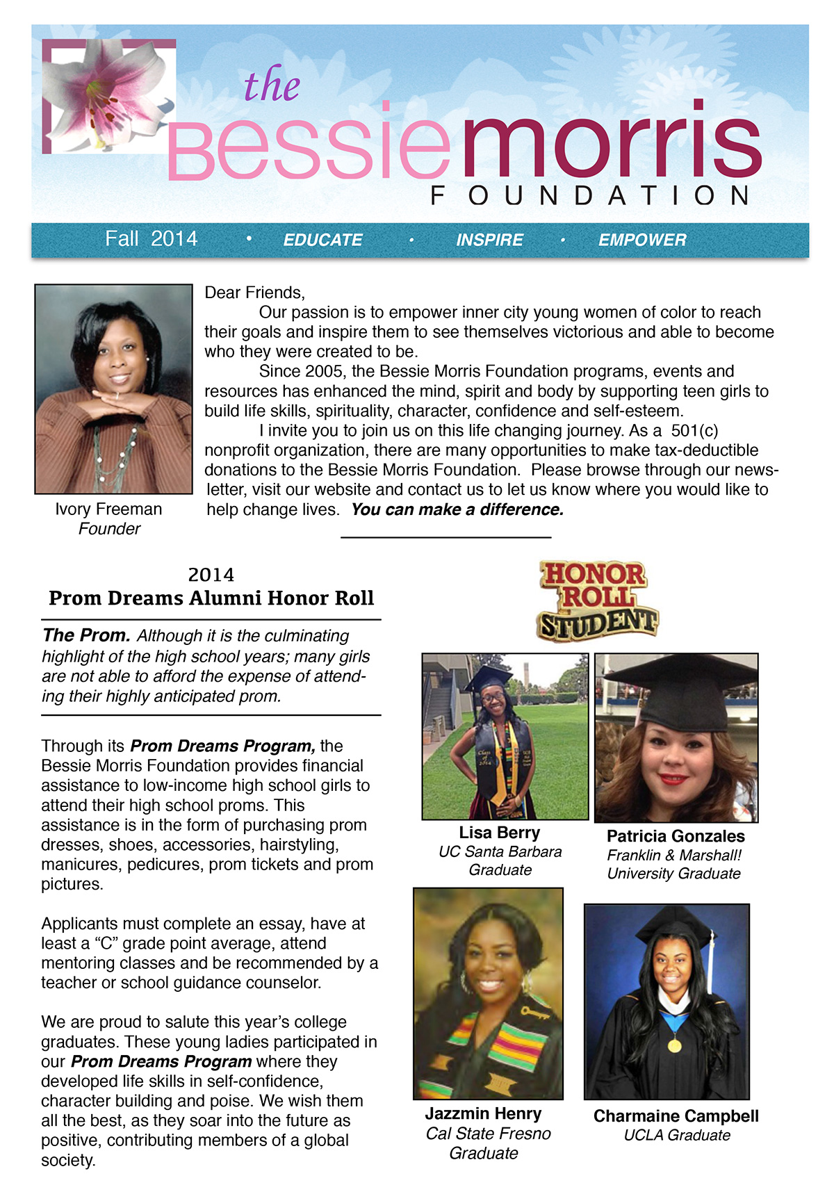 Bessie Morris Foundation newsletter Fall 2014 edition