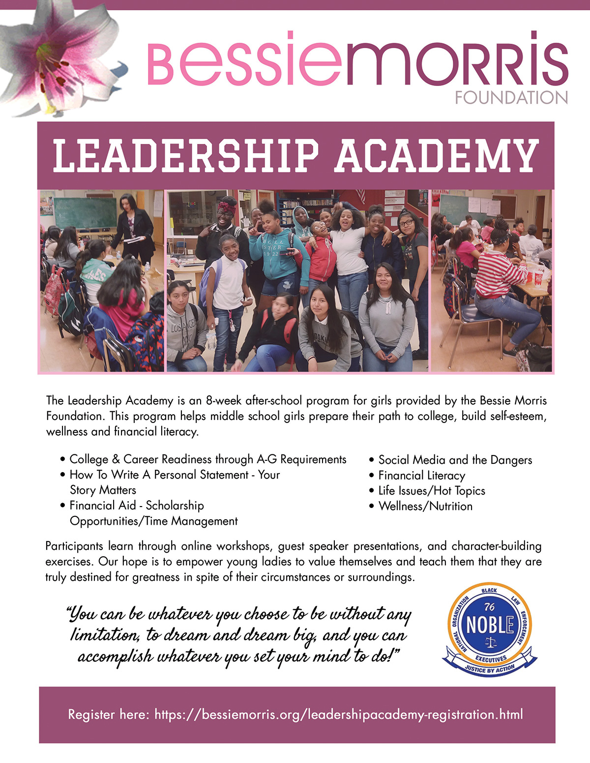 Bessie Morris Foundation Leadership Academy flyer