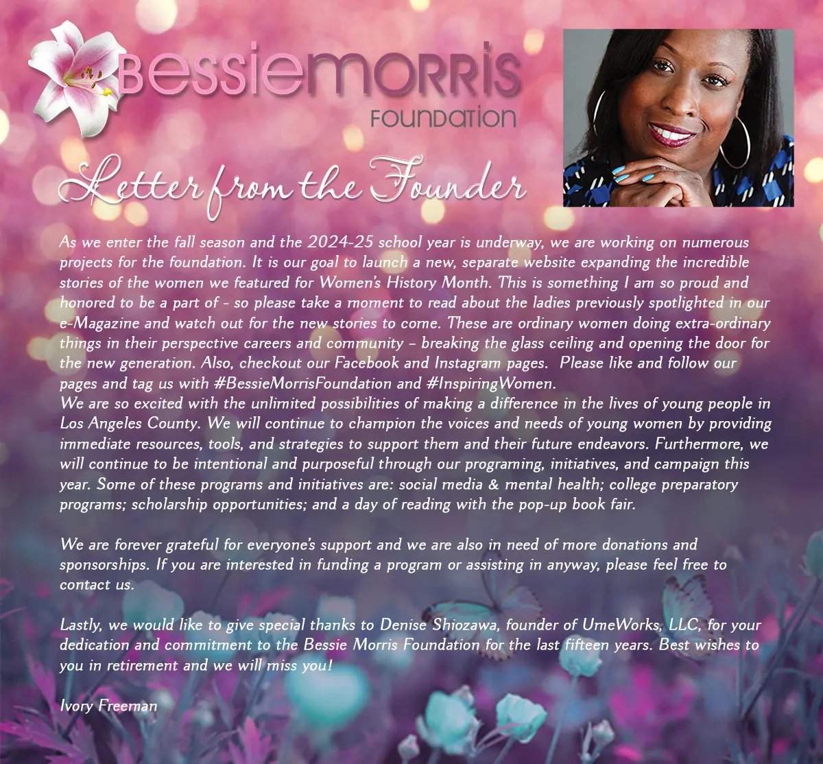 2024 letter from the founder of Bessie Morris Foundation Ivory Freeman