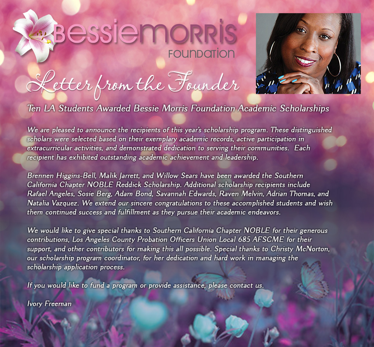 2025 letter from the founder of Bessie Morris Foundation Ivory Freeman announcing Bessie Morris Foundation Academic Scholarship winners